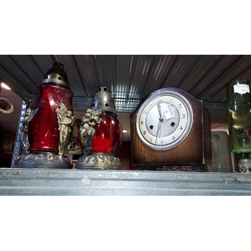 432 - 2 Red Glass And Metal Lanterns Plus Mantle Clock (Missing Glass At Front)