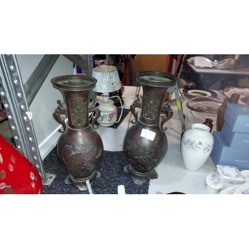 441 - Pair Of 20Th Century Oriental Bronze Vases 1 With Repair To Base