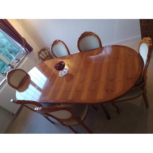 673 - Yew Wood Extending Table 216cm x 100cm Fully Extended, Centre Leaf Measures 55cm With 6 Matching Cha... 