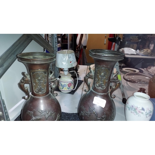 441 - Pair Of 20Th Century Oriental Bronze Vases 1 With Repair To Base