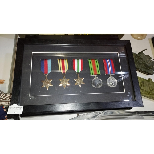 151 - Original Framed Set Of 5 WW2 Medals. 1939-45 Star, Africa Star, Italian Star, Defence And War Medal