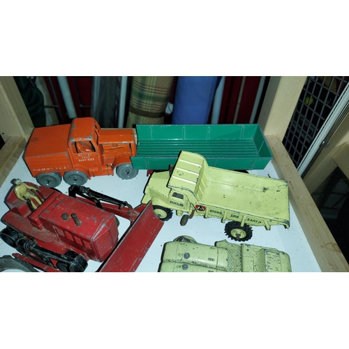 3 - Small Box Of Construction Vehicles Including Dinky Euclid Rear Dump Truck 695, 2 Blawknox Bulldozers... 