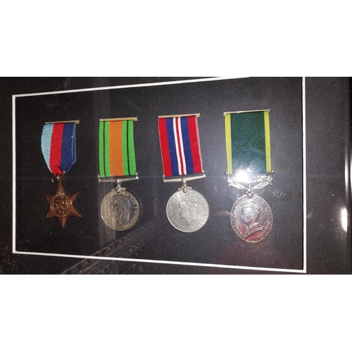 14 - Original Framed Set Of 4 WW2 Medals, 1939-45 Star, Defence Medal, 1939-45 War Medal And Territorial ... 