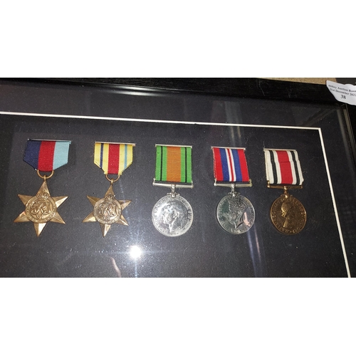 38 - Original Framed Set Of 5  WW2 Medals, 1939-45 Star, African Star, War Medal, Defence Medal Plus 1 Ot... 