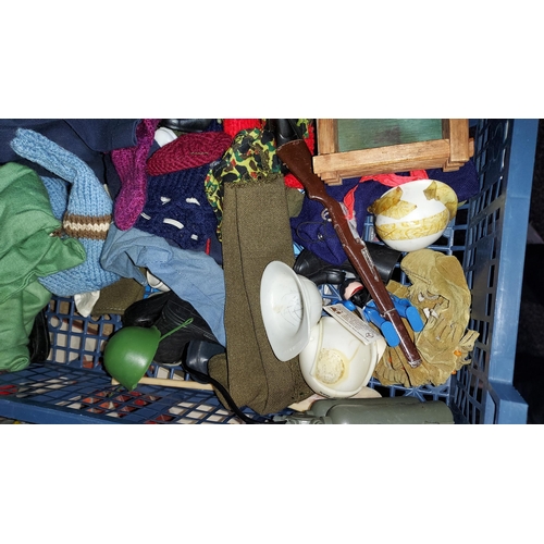 89 - Crate Of Action Men Accessories Including Helmets, Flippers And Home Made Sleeping Bags