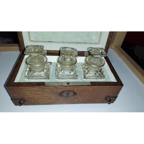 98 - 3 Scent/Liqueur Bottles In Oak Box