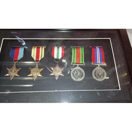 130 - Original Framed Set Of 5 WW2 Medals, 1939-45 Star, Africa Star, Italian Star, War Medal And Defence ... 