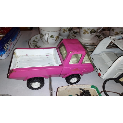 228 - Vintage Tonka Pink Econoline Pickup Toy Pressed Steel Truck 1974-1975 In Played Condition Plus Mini ... 