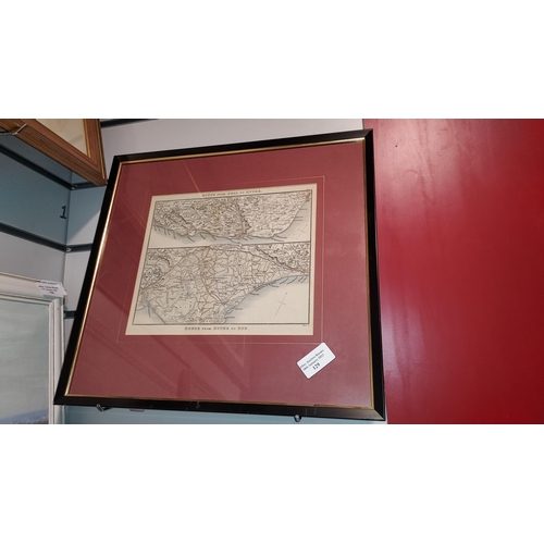 129 - Small Framed 1824 Daniel Paterson Map - Route Of Deal To Hythe & Route From Hythe To Rye - Hand Colo... 