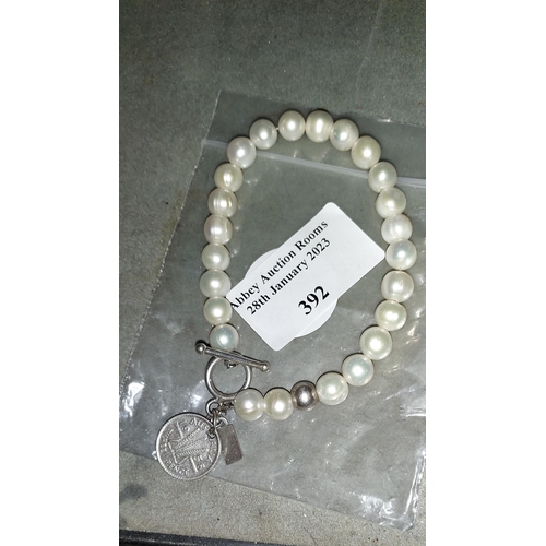 392 - Simulated Pearl Bracelet With Silver Clasp And 1956 Australian Coin