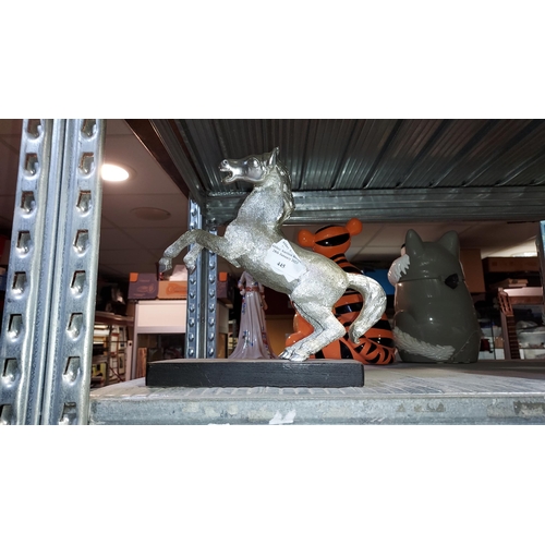 445 - Silver Coloured Rearing Horse On Wooden Plinth