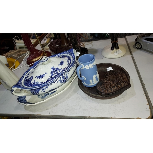 458 - Blue And White Tureen, Westwood Jasperware Jug, Metal Jelly Mould Plus 2 Others