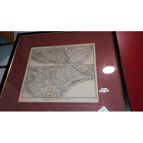 129 - Small Framed 1824 Daniel Paterson Map - Route Of Deal To Hythe & Route From Hythe To Rye - Hand Colo... 