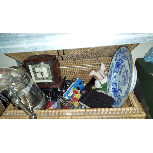 155 - Wicker Basket Of Treasures Including Silver Plated Items, Smiths Clock And Wade NatWest Piggy Bank