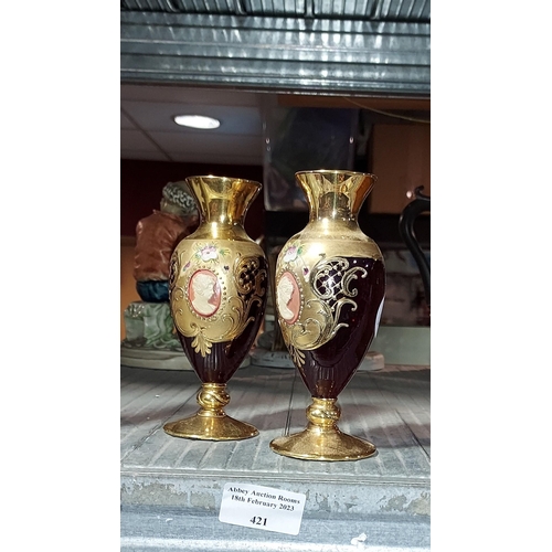 421 - Pair Of Red And Gold Cameo Hand Painted Vases