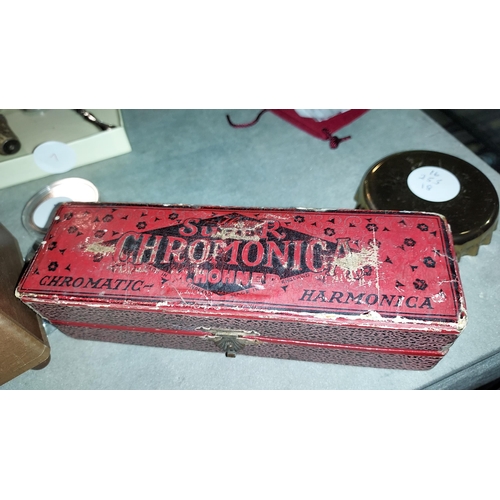 271 - Super Chromonica Hohner Harmonica In Original Box Plus Wooden Music Box Decorated With Liechtenstein