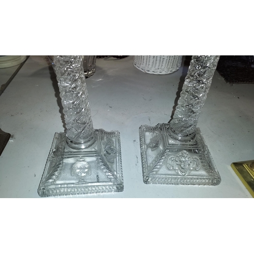 537a - Pair Of Antique Moulded Corinthium Column  Candlesticks With Blue Night Light Adaptors