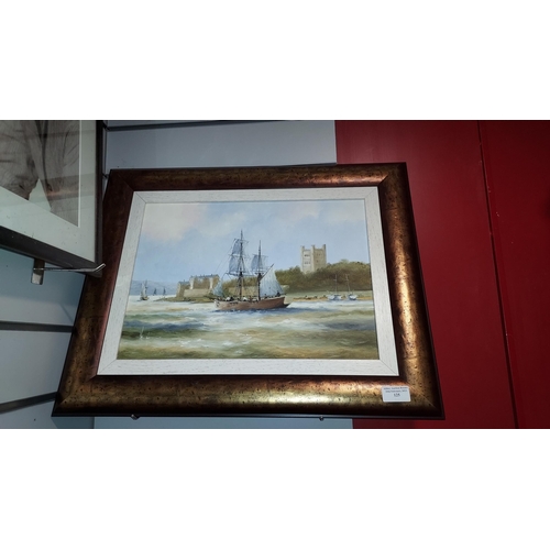 125 - Framed Oil Painting Of A Yacht In Harbour