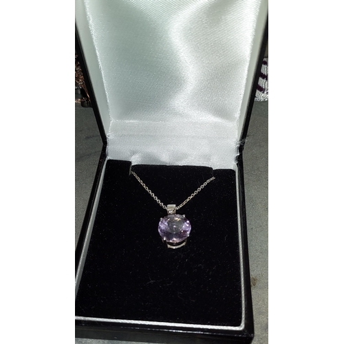 342 - Solid Silver Large Light Amethyst Colour Pendant With Chain