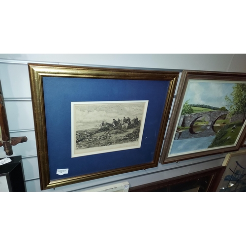 110 - Framed Etching Of Fox Hunting In Surrey