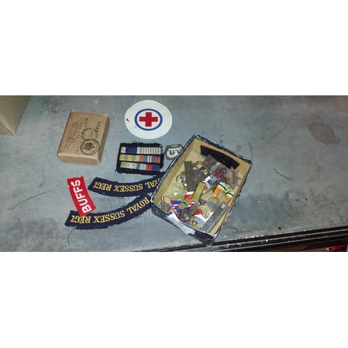 334 - Box Of Military Badges, Cap Badges And Ribbons Etc