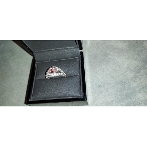 350 - Solid Silver Pink Stone Ring Size T