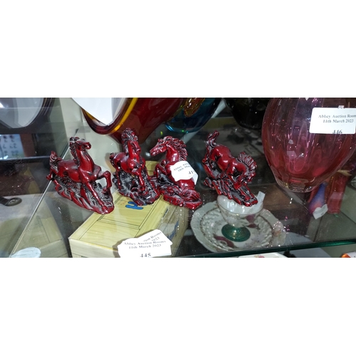 417 - 4 Small Red Resin Horses