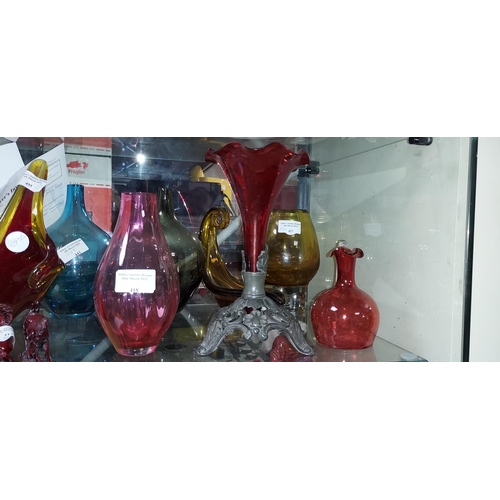 418 - Red Glass Epergne Plus A Cranberry Vase And One Other