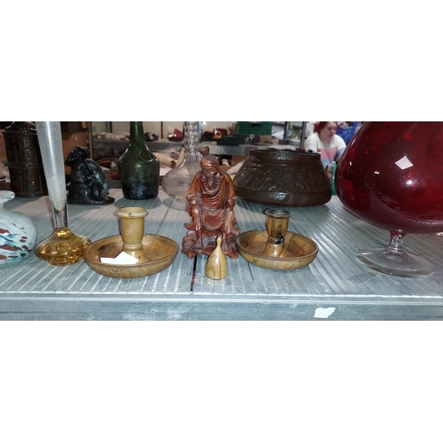 476 - 2 Wooden Candlesticks One A/F Plus A Wooden Oriental Man