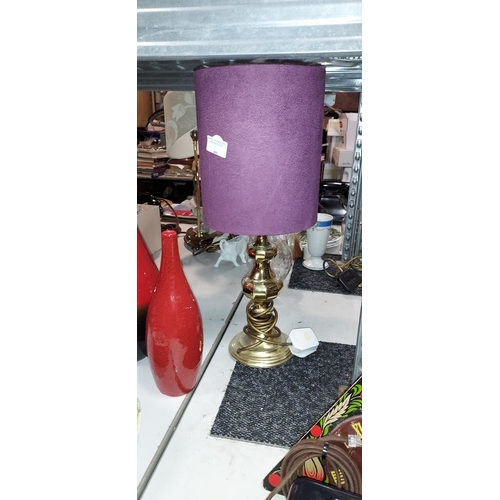 488 - Brass Table Lamp With Purple Lamp Shade