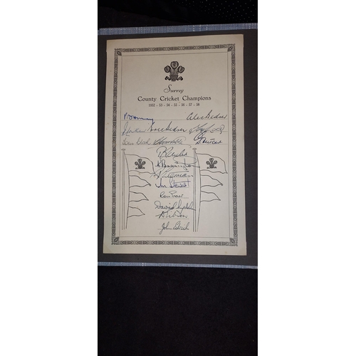 285 - Signed Surrey County Cricket Club 1952-58 Golden Years Folder 2 Full Pages Of Signatures, Postcards ... 