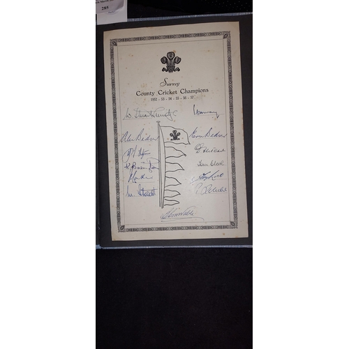 285 - Signed Surrey County Cricket Club 1952-58 Golden Years Folder 2 Full Pages Of Signatures, Postcards ... 