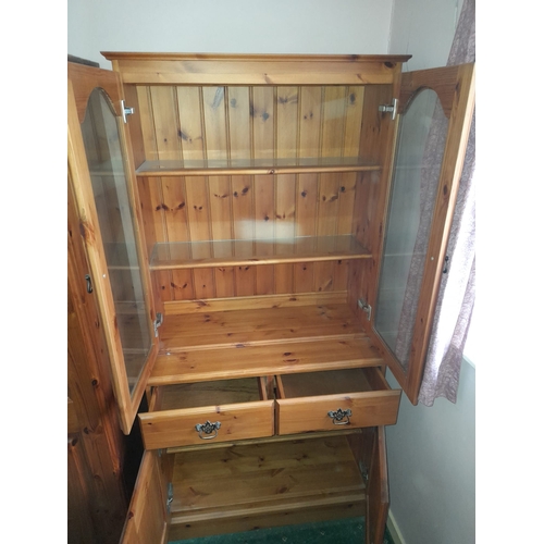 705 - Pine Glazed Display Case on Cupboard