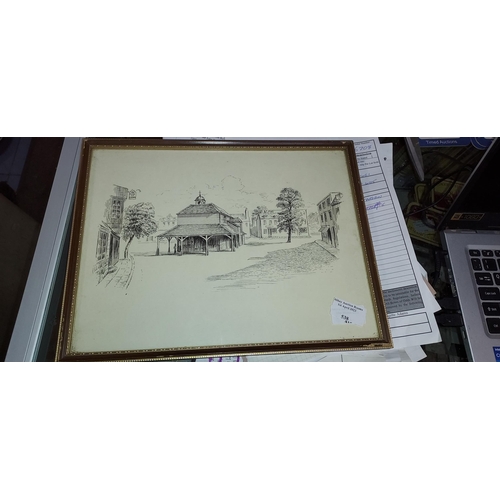 538 - 2 Framed Pen Drawings. Glazed To Front And Back. 1 Back Panel A/F. Keston Mark And The Market House ... 