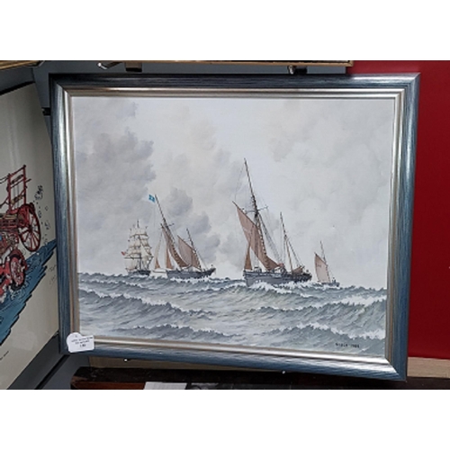 130 - Framed Oil On Canvas Of Yarmouth Trawlers Returning To Port In 1920 Signed Ian G Noble Dated 1988