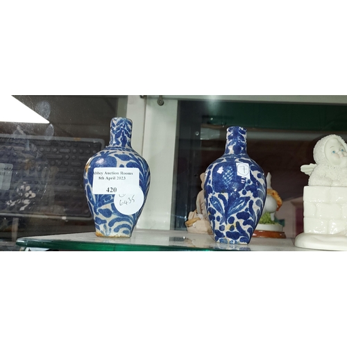 420 - Pair Of Antique Delft Faience Vases 10Cm Tall One Slight A/F