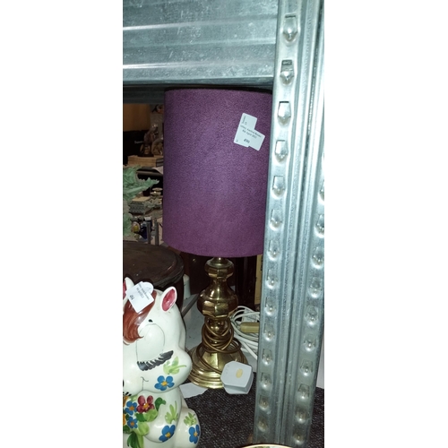 490 - Brass Table Lamp With Purple Lamp Shade