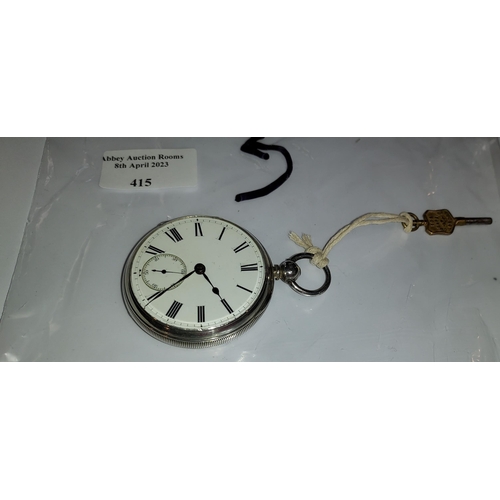 415 - Solid Silver Hm London 1877 Fusee Pocket Watch With Key Working When Listed