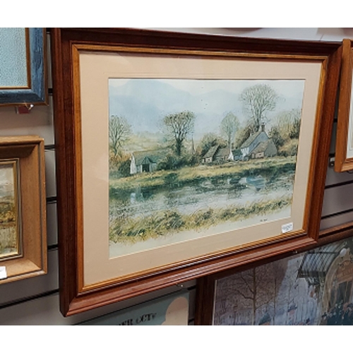 108 - Framed Print Of Farming Scene By Lake. Signed Mike Knight