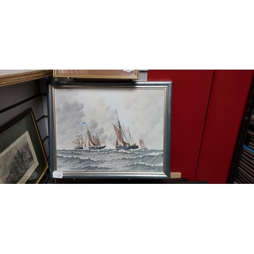 126 - Framed Oil On Canvas Of Yarmouth Trawlers Returning To Port In 1920 Signed Ian G Noble Dated 1988