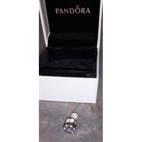 358 - Flower And Pearl Silver Pandora Charm, In Box With Gift Bag