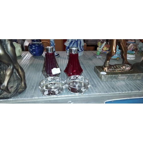 445 - Pair Of Red Glass Candlestick Holders With Silver Plated Tops Plus Pair Of Small Decorative Candle H... 