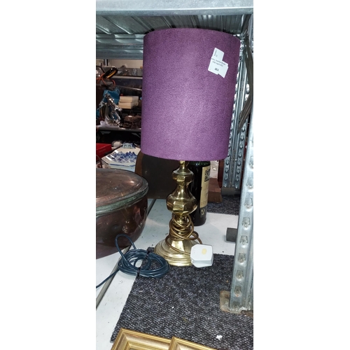 485 - Brass Table Lamp With Purple Lamp Shade