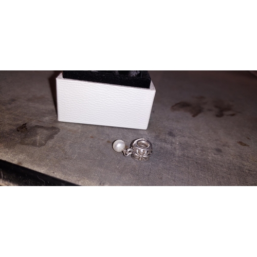 379 - Pandora Silver Simple Flower Charm With Pearl. In Box With Gift Bag