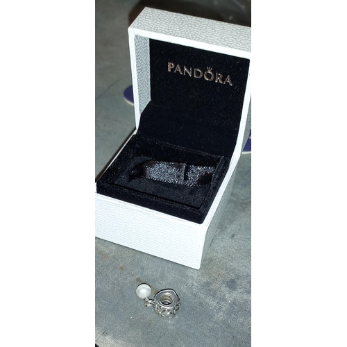 379 - Pandora Silver Simple Flower Charm With Pearl. In Box With Gift Bag