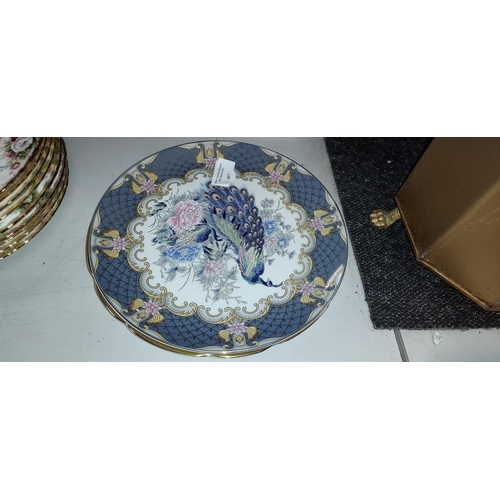 458 - 2 Japanese Peacock Patterned Plates Plus Qe2 Plate