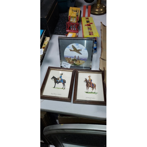 480 - Pair Of Small Framed Soldiers On Horses Plus Small Framed Spitfire Picture