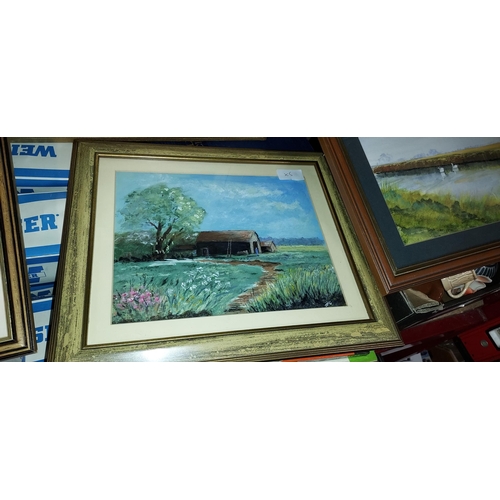 613 - 4 Framed Pictures, Beach Scene, Lake Scene, Bridge Scene And Farming Scene