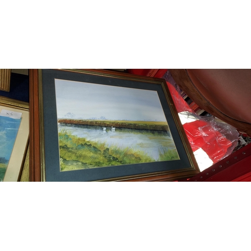 613 - 4 Framed Pictures, Beach Scene, Lake Scene, Bridge Scene And Farming Scene