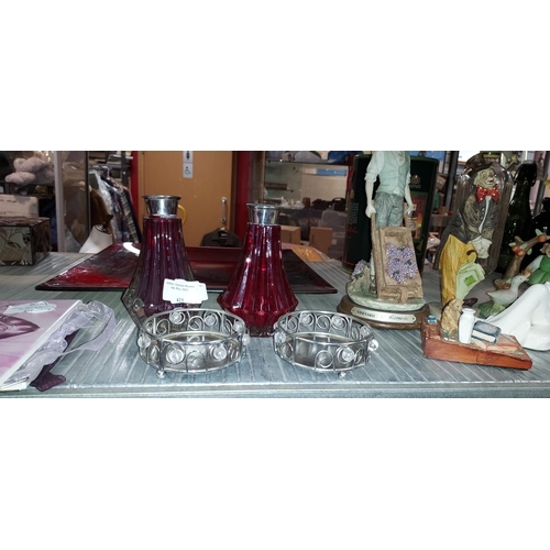 423 - Pair Of Red Glass Candlestick Holders With Silver Plated Tops Plus Pair Of Small Decorative Candle H... 